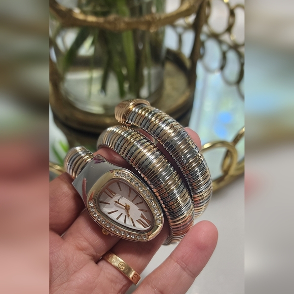 Gold and Silver Coiled Watch with Crystal Accents - Picture 3 of 5